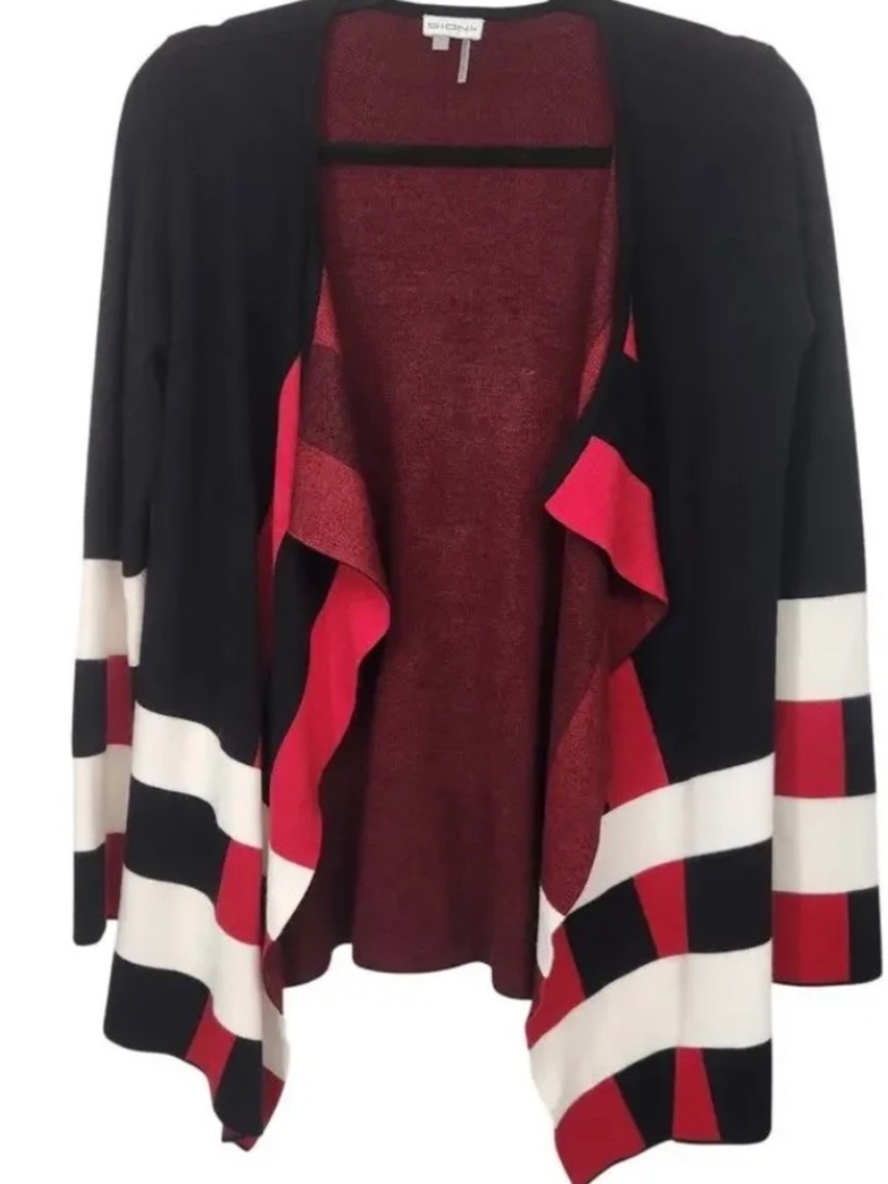 Sioni Black White Red Open Waterfall Cardigan